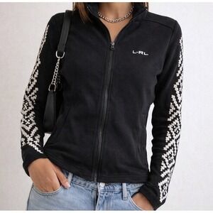 Ralph Lauren Active Wear Zip Front Fleece Jacket Size S Black Embroidered Sleeve